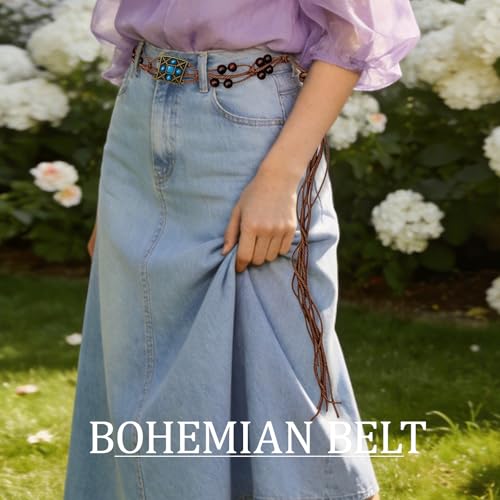 Boho Flower Wooden Bead Waist Belt, Vintage Woven Body Chain, Adjustable Cord Jewelry for Jeans Dress & Beach Wear - color: Blue1