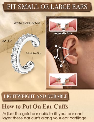 LOLIAS 4 Pairs Ear Cuffs Non Piercing - 14K Gold Plated Ear Cuff Earrings for Women Ear Cuff for Non Pierced Ears Clip on Cartilage Earring Adjustable Fake Earrings Set - style: Stars -White Gold Plated