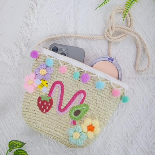Letter Small Woven Straw Summer Beach Tote Bag for Women 2025,Woven Straw Beach Purse Shoulder Crossbody Bag for Women 2025 - color: Brown M
