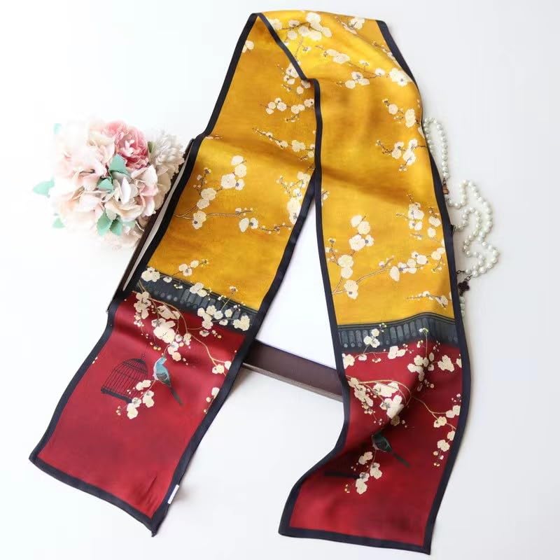 ANDANTINO 100% Silk Scarf for Women 59”*6.3” Long Shawls for Headscarf and Neck- Oblong Hair Wraps with Gift Packed - color: Yellow&red
