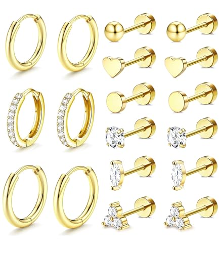 Incaton Hypoallergenic Flat Back Earrings for Women Silver 14K Gold Plated Surgical Stainless Steel Stud Earrings Cubic Zirconia Cartilage Studs Earrings For Multiple Piercing Sensitive Ears - color: 2-GOLD
