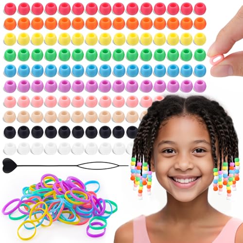 150Pcs 10mm Small Silicone Beads for Hair Braids, Soft Jellyish Pony Hair Beads with 5mm Hole + 50 Rubber Bands and 1 Beader for Braiding, DIY Bracelets Necklaces Crafts (Multicolors) - color: Multicolor-150Pcs