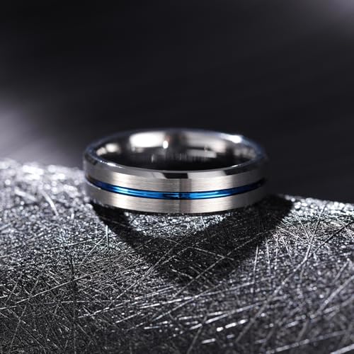 King Will Mens Tungsten Rings for Men Two Tone Grooved Mens Wedding Band Cool - color: Silver & Blue 6mm