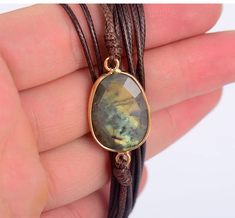 Women Wrap Bracelet Boho Natural Jasper Crystal Stone Beads Strand Bracelets - color: Gray Labradorite