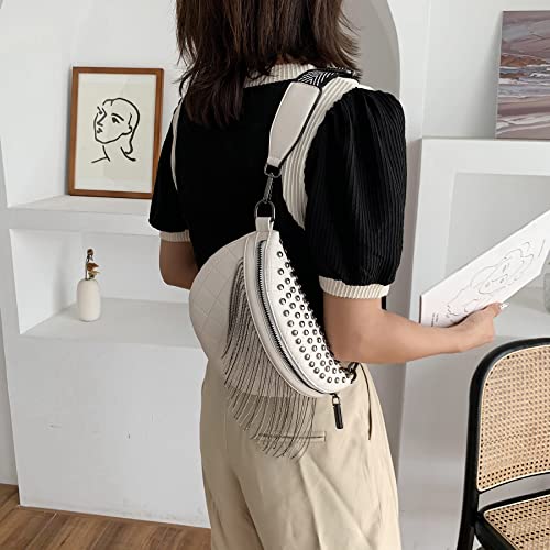GLT.ETL Fanny Pack Chest Bag For Women Faux leather Fringe Quilted Waist Cross Body Blet Bum Bags Rivet Studded Tassel Purses (Beige White) - color: White