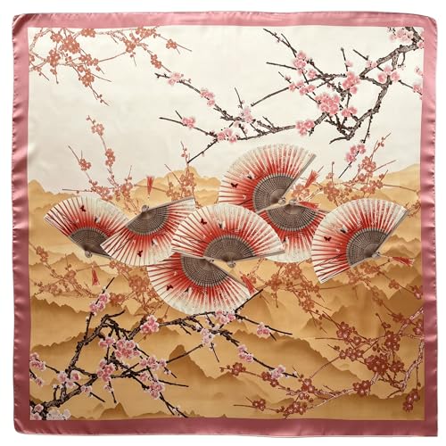 Julunar Silk Like Head Scarf for Women - Satin Large Hair Scarves - 35" Square Silk Hair Wrap for Sleeping with Gift Packed - color: A000-4 Folding Fans Pink
