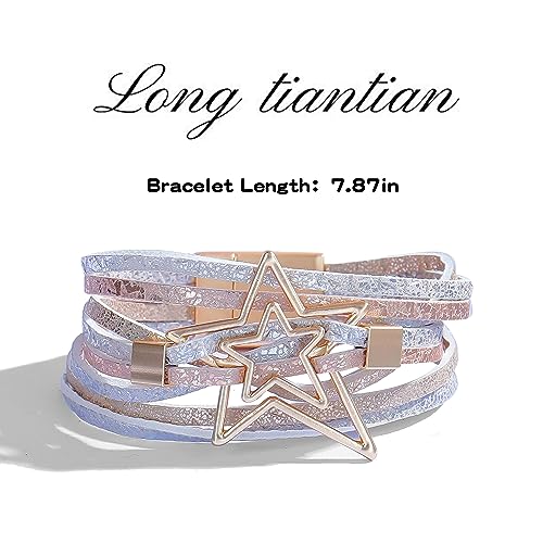 Long tiantian Leather Bracelets for Women Men Heart Wrap Bracelets Western Jewelry Cowgirl Outfits Birthday Gifts for Her - color: B8：pink leather bracelet