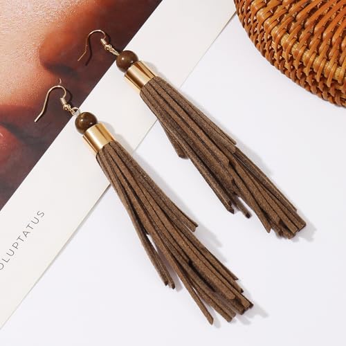 Coiris Boho Leather Layered Tassel Earrings for Women Lightweight Leather Fringe Dangle Earrings Handmade Bohemian Summer Beach Western Drop Earrings for Women - color: Brown