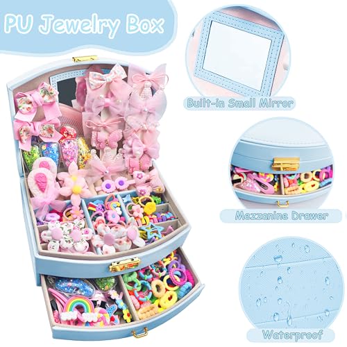 252 Pcs Hair Accessories for Girls Jewlry Box, Back to School Hair Accessory Gift Hair Stuff Storage including Hair Clip,Hair Barrettes,Hair Ties,Hair Bows for Little One Teen Age 3-12 (BLUE) - color: BLUE