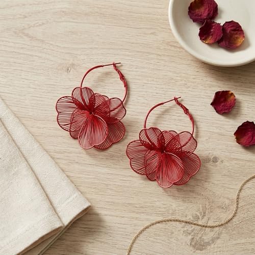 Gold Flower Statement Earrings for Women Boho Trendy Hoop Earrings Floral Dangle Petal Earring Prom Wedding Jewelry Gifts - color: A6:red