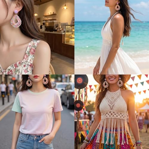 Woven Raffia Rattan Earrings for Women, Boho Flower Hoop & Drop Dangle Earrings Collection, Handmade Summer Beach Vacation Statement Earrings for Party Daily Wear - color: Rainbow Woven Hoop