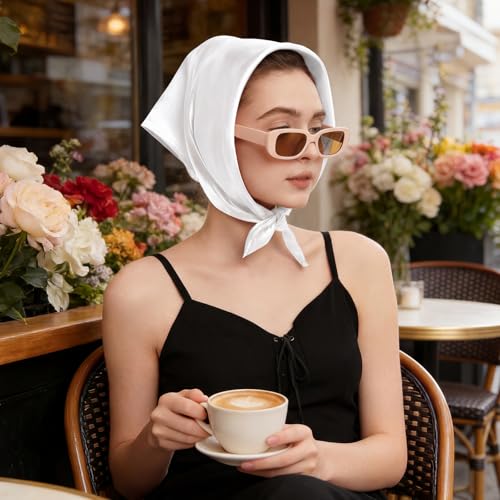 American Trends Women Silk Feeling Scarf Satin Head Scarves Square Wrap Neck Scarf Lightweight Silk Like Bandana - color: 04 White