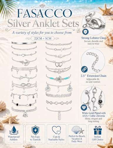 FASACCO 20Pcs Ankle Bracelets for Women Adjustable Beach Anklet Set Surfer Anklet Heart Star Turtle Infinite Anklets Foot Jewelry - color: silver tone