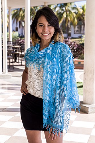 Cindy & Wendy Lightweight Soft Leaf Lace Fringe Scarf Bridal Shawl for Women - color: Turquoise Blue