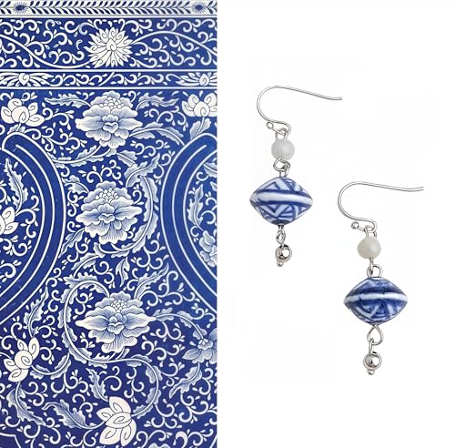 Boho Earrings for Women Natural Stone Beaded Handmade Vintage Dangle Earrings Bohemian Lightweight Hypoallergenic Jewelry for Dailywear Festival Occasions - color: Blue and white porcelain