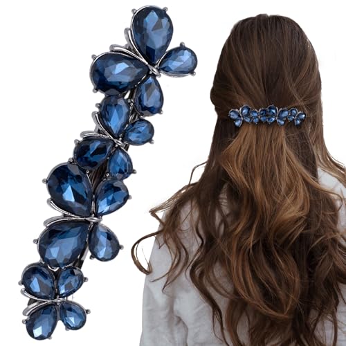 Joez Wonderful Rhinestone Hair Clip Sparkly Crystal Barrettes French Wedding Prom Engagement Pageant First Communion Hair Decorative Accessories for Women Bride Thick Long Hair (Butterfly Blue, 1 Pcs) - color: Butterfly Blue