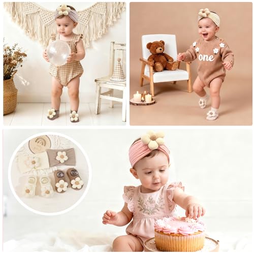 JOYOYO Baby Flower Headband and Socks, Cute Baby Girl Headbands and Soft Socks Sets for Toddler Newborn Infant Girl (Beige Pink Khaki) - color: Beige/6pcs