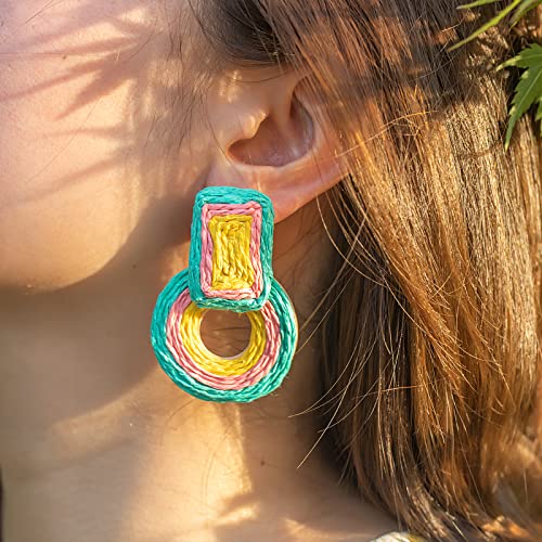 Statement Raffia Earrings Cute Boho Earrings Rattan Dangle Earrings Handmade Straw Wrap Earrings Summer Drop Dangling Earrings for Women Teen Girls - color: Teal/Pink/Yellow