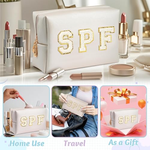 Preppy Patch Cosmetic Bag - Summer Gift White SPF Chenille Letter Makeup Bag, PU leather Travel Toiletry Kit Portable Waterproof Make Up Pouch Zipper Clutch, Gifts for Women Girls - color: White, style: Spf