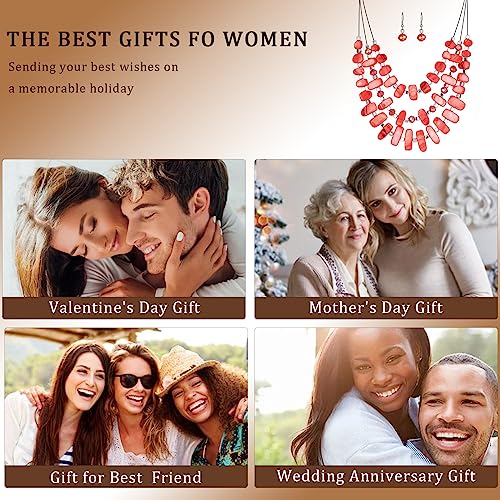 3 Layered Chunky Statement Necklace for Women Beaded Strand Necklaces with Earring Fashion Costumes Collar Necklace Jewelry Sets Gifts for Women - color: 50-Red