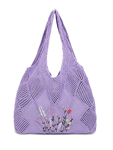 Crochet Mesh Beach Tote Shoulder Handbags Hobo Summer Aesthetic Women's Bag - color: Embroider-purple