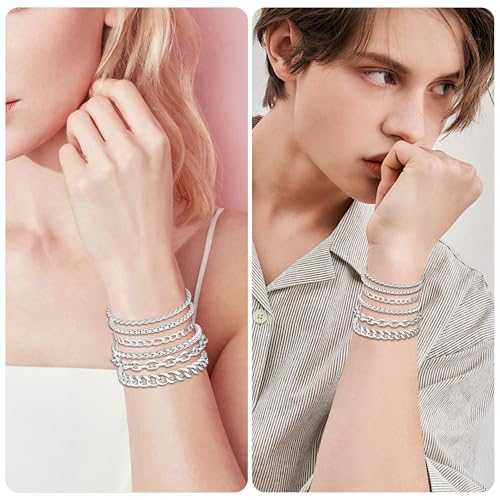 6PCS Stainless Steel Bracelets for Men Women, Silver Gold Black Cuban Link Rope Box Wheat Chain Paperclip Figaro Jewelry Set, 7/8/9 Inches - color: Silver, size: 7 inches