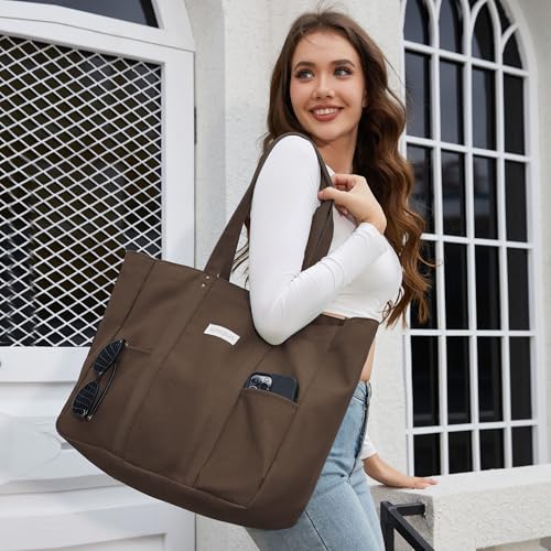 HOMESPON Large Canvas Tote Bag for Women Everything Bag with Pockets and Laptop Sleeve - color: Brown