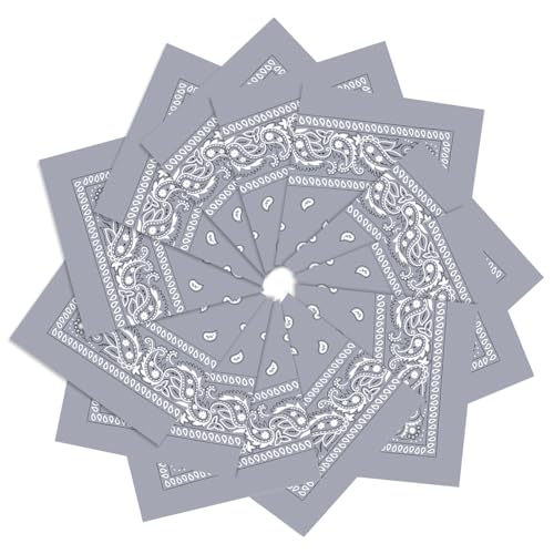 12 Pack Bandanas Unisex Paisley Cowboy Bandanas Bulk Multi Purpose Headband Scarf for Men Women Costume - color: Light Gray, style: Classic