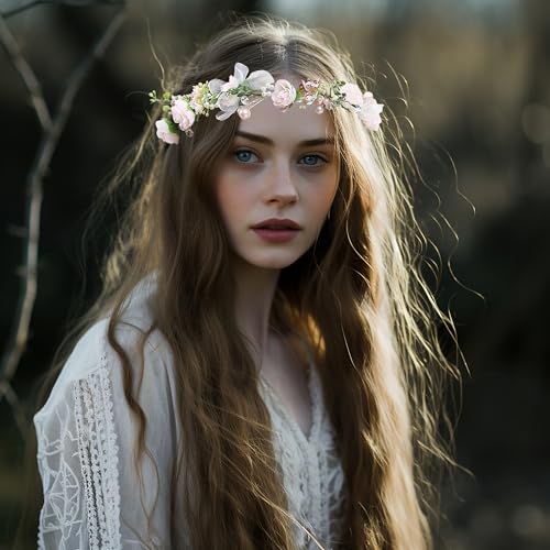 Vivivalue Floral Halo Boho Flower Headband Floral Crown Headpiece Hair Wreath with Ribbon Wedding Party Prom Photos Festival Pink - color: I
