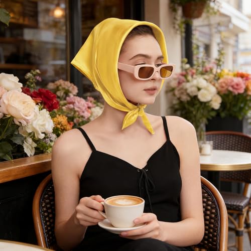 American Trends Women Silk Feeling Scarf Satin Head Scarves Square Wrap Neck Scarf Lightweight Silk Like Bandana - color: 02 Yellow