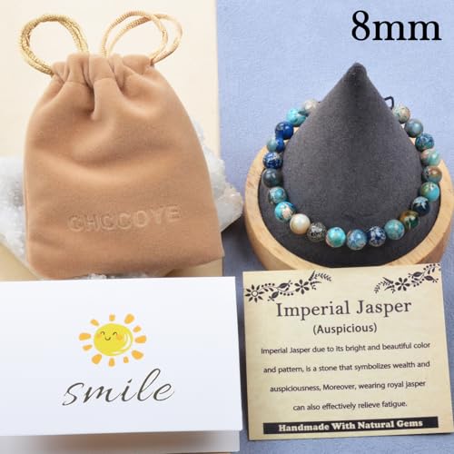 468Handmade Adjustable Natural Gemstone Crystal Bracelet Healing Power Energy Inspirational Gifts with Card for Unisex - color: 11-Imperial Jasper (Auspicious), size: 8mm