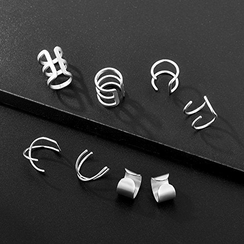 Tornito 4-10 Pairs Stainless Steel Ear Cuff Helix Cartilage Clip On Wrap Earrings Fake Nose Ring Non-Piercing Adjustable - color: A4: 4 Pairs, Silver Tone