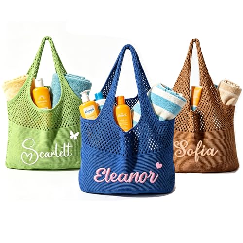 Personalized Embroidered Beach Bag for Women, Knit Mesh Beach Tote Bag | Custom Reusable Summer Bags, Sandproof Shoulder Tote, Travel Vacation Wedding Bachelorette Party Bridesmaid Mother Gifts