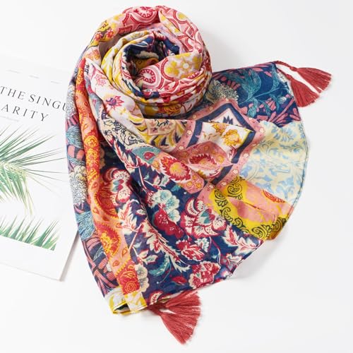 QIUTIMIY Scarf for Women Lightweight Soft Floral Leopard Printed Scarves Fall Winter Fashion Shawl Wrap with Fringe - color: Flower-red Brown