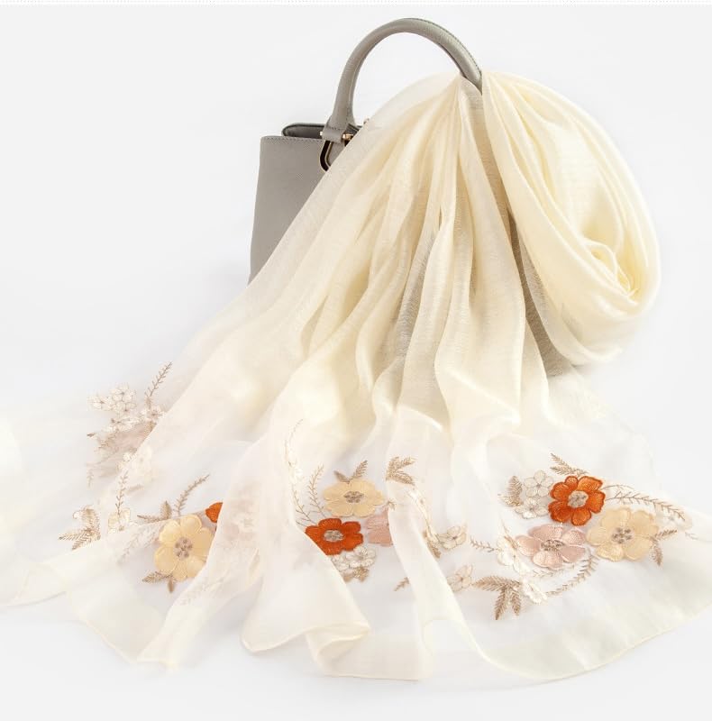 Jeelow Silk Blend Floral Fashion Scarf Shawl Wrap Lightweight Sheer For Women Floral Embroidery Wedding Party Prom - color: Petal Ivory Cream