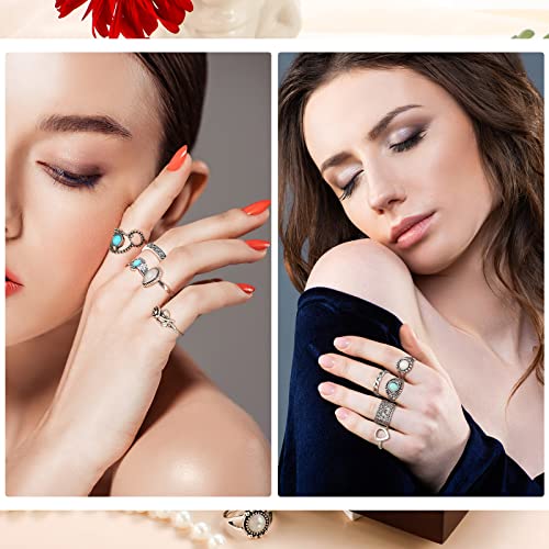 Huquary 84 Pcs Vintage Turquoise Rings for Women Bohemian Silver Oval Gemstone Western Boho Stackable Joint Knuckle Midi Stacking Rings Set for Women Girls Gifts
