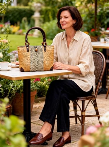 Straw Bag for Women, Summer Beach Handmade Rattan Tote Bag, Boho Retro Straw Woven Handbag, Large Beach Vacation Bag (Natural)