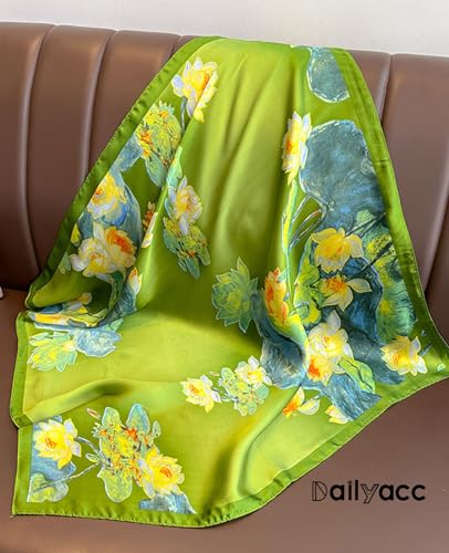 Dailyacc Hair Bandanas Scarf For Women Lightweight Fashion Neck Silk Satin Head Scarves For Sleeping Handbags Scarf - color: 23-green Flowers/27.5*27.5in