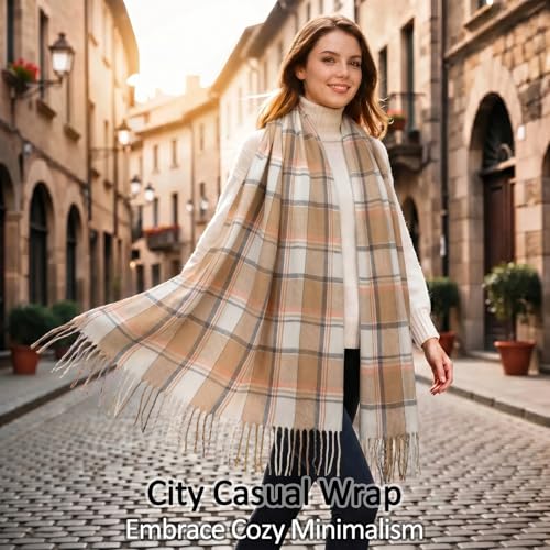 Loritta Womens Scarf Fashion Long Plaid Shawls Wraps Big Grid Winter Warm Lattice Large Scarves Gifts - color: E-brown Beige Lattice