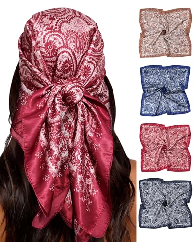 Molans 35" Silk Satin Square Head scarves - 4Pcs Large Scarfs Hair Bandana Head Kerchief Neck Scarf Sleeping Wraps for Women - color: Red, Brown, Black, Navy Blue