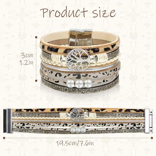 Leather Wrap Bracelet for Women, Boho Cuff Bracelet with Strong Clasp, Multi-Layer Crystal Leather Bracelet for Valentine Mother's Day - color: 02-Tree of Life-Leopard)