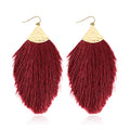 Bohemian Silky Thread Fan Fringe Tassel Statement Earrings - Lightweight Strand Feather Shape Dangles - color: Feather Fringe - Burgundy