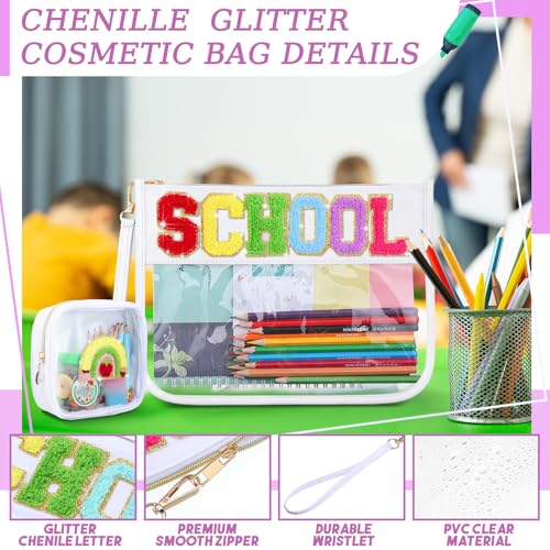 Hillban 2 Pcs Welcome Back to School Gift Bags Pencil Pouch Clear Case Chenille Letter Makeup Cosmetic Bags Toiletry Travel Purse First Day of School Waterproof PVC Organizer Storage for Women - style: Pencils Theme