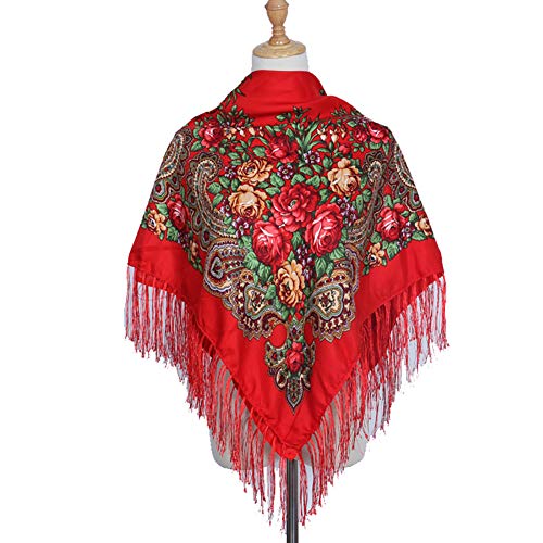 Gudessly Women's Traditional Scarf Wrap Tassel Fringes Neck Head Shawl Retro Scarf Floral Poncho Printing Square Cape 50inch - color: Cerise