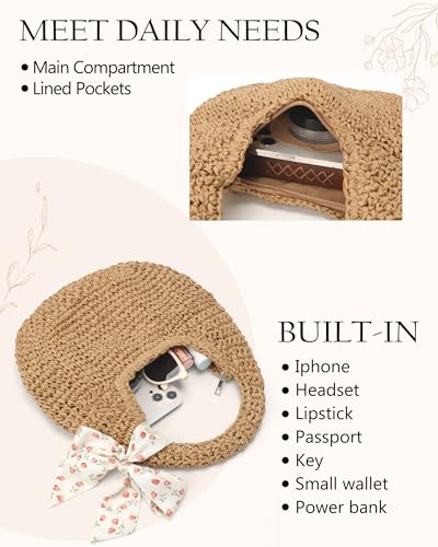 fauson Beach Bags for Women - Handmade Straw Clutch Purses for Women Handbag Zip Closure Tote Bag Lightweight - color: Handbag Brown Bag