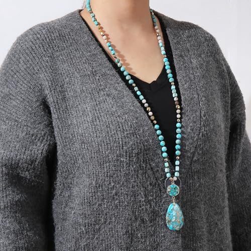Boho Jewelry Sets for Women | 3 Pcs Natural Amethyst Labradorite Rose Quartz Beaded Long Necklace Wrap Bracelet Dangle Earrings Handmade Vintage - color: Turquoise