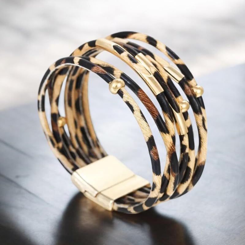 Caiyao Simple Beaded Leather Wrap Bracelets for Women Leopard Print Trendy Layered Stackable Buckle Bohemian Wrist Cuff Bangle Jewelry - color: Brown