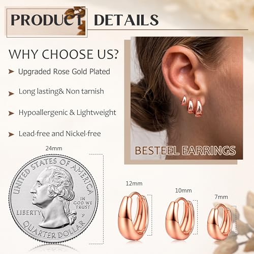 BESTEEL 3Pairs 14K Gold Plated Hoop Earrings Set for Women Chunky Earring Silver Plated Hypoallergenic Small Huggie Hoops Lightweight Tiny Thick Trendy Hoop Earrings Stacks for Multiple Piercing - color: rose gold plated
