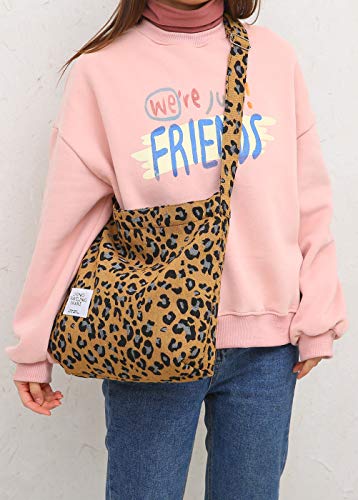 Covelin Women's Retro Large Size Canvas Shoulder Bag Hobo Crossbody Handbag Casual Tote - color: Leopard Brown