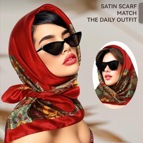 Head Scarf for Women Hair - 2 Pack 35" Square Satin Scarf, Silk Hair Scarf for Women Head Wrap for Sleeping - color: Military Green & Red